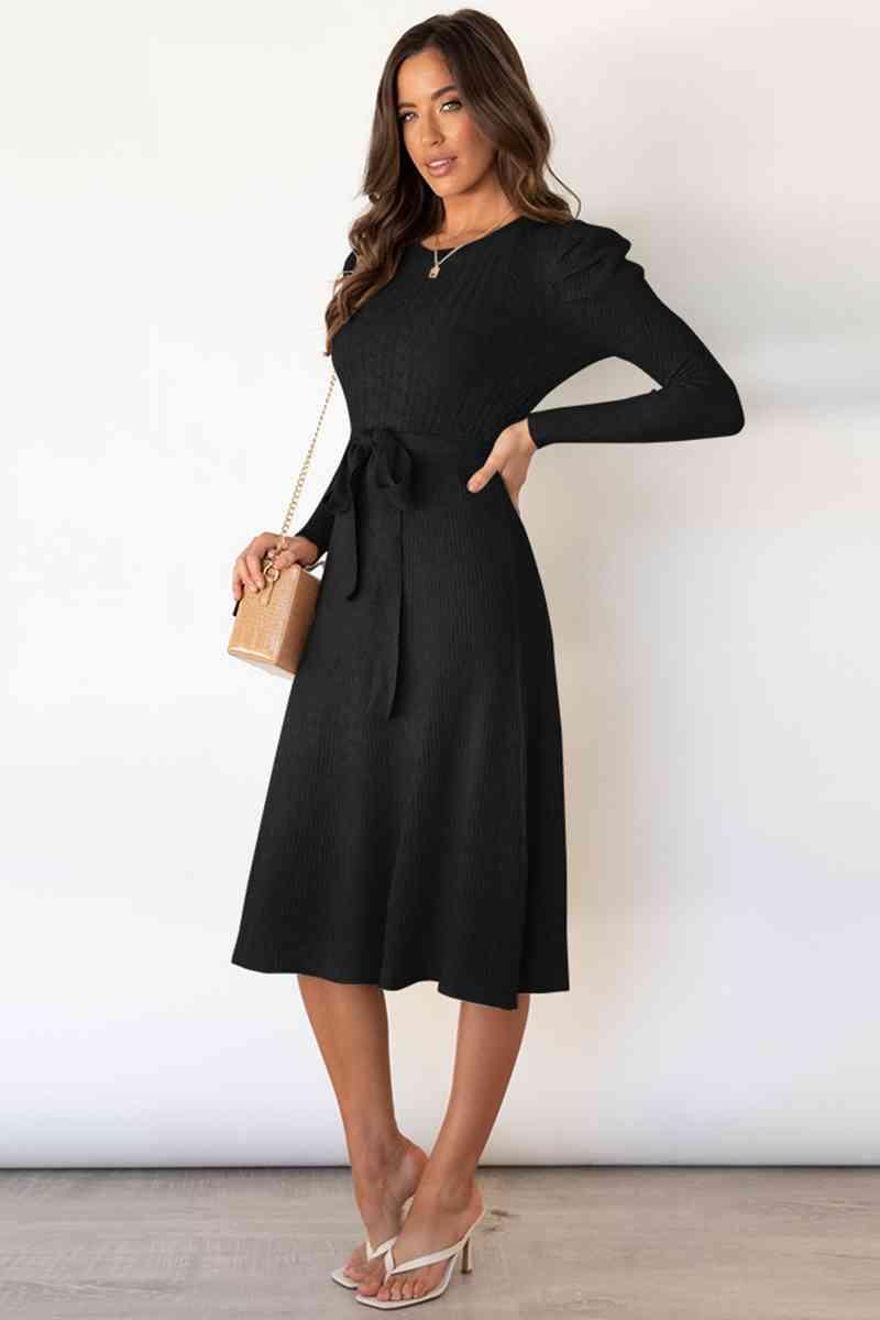 Amber Round Neck Long Sleeve Tie Waist Sweater Dress - SwagglyLife Home & Fashion