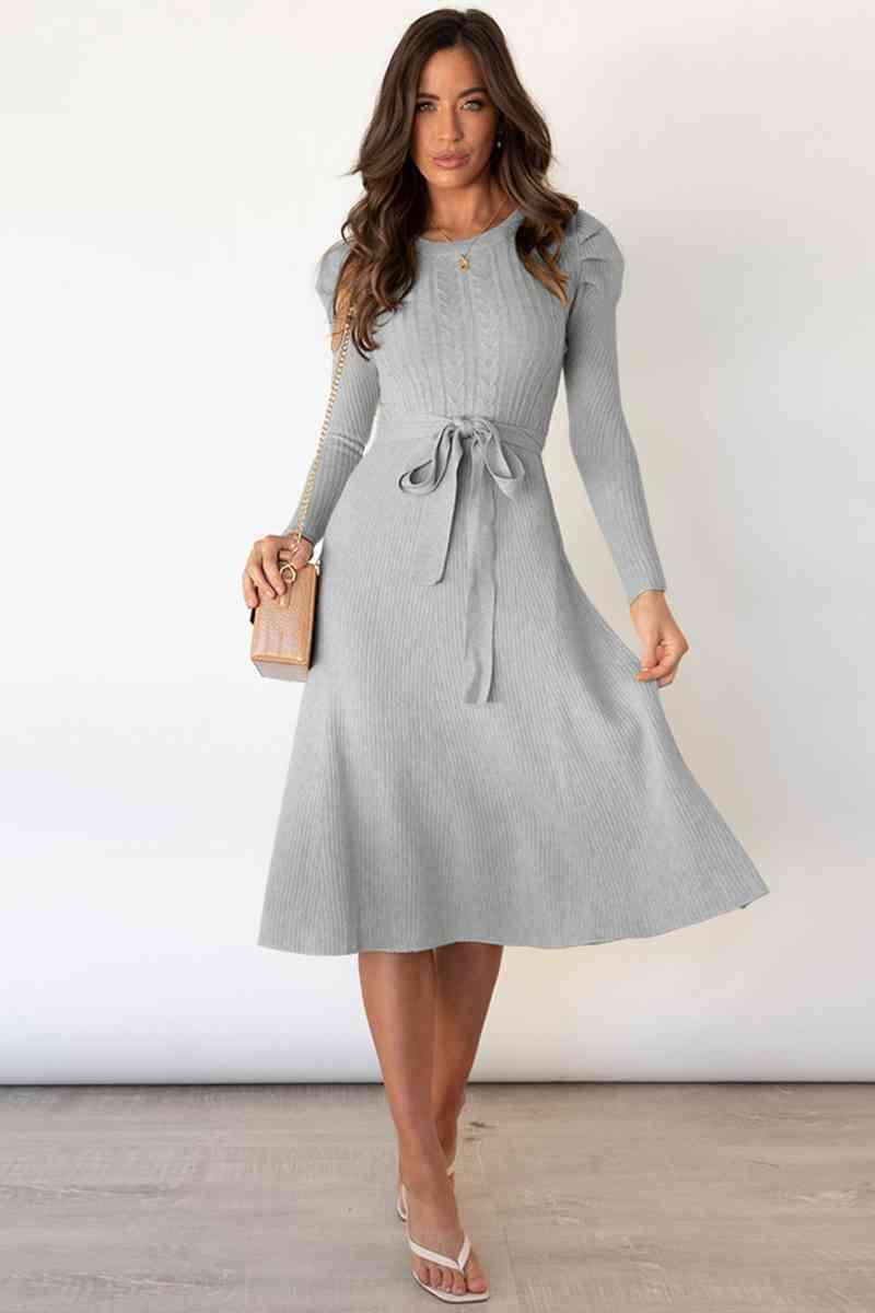 Amber Round Neck Long Sleeve Tie Waist Sweater Dress - SwagglyLife Home & Fashion