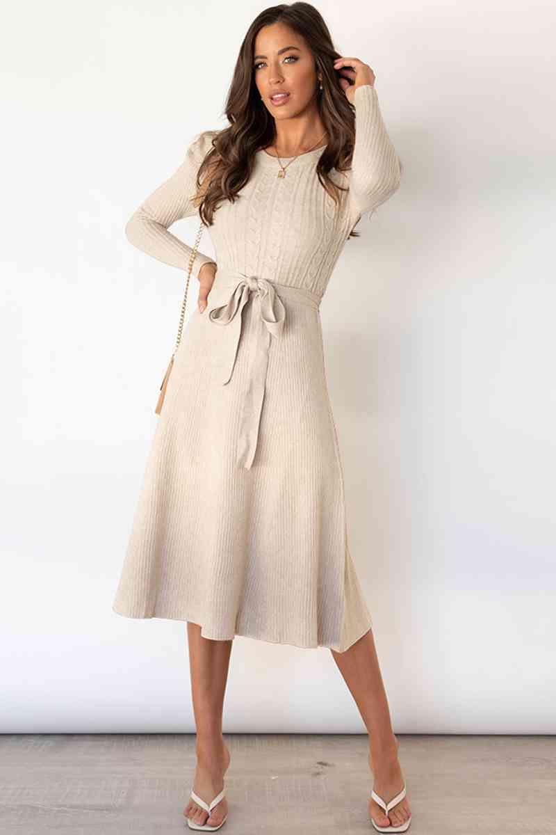 Amber Round Neck Long Sleeve Tie Waist Sweater Dress - SwagglyLife Home & Fashion