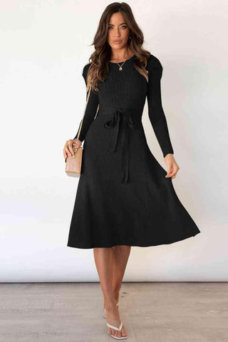 Amber Round Neck Long Sleeve Tie Waist Sweater Dress - SwagglyLife Home & Fashion