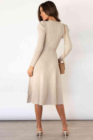 Amber Round Neck Long Sleeve Tie Waist Sweater Dress - SwagglyLife Home & Fashion