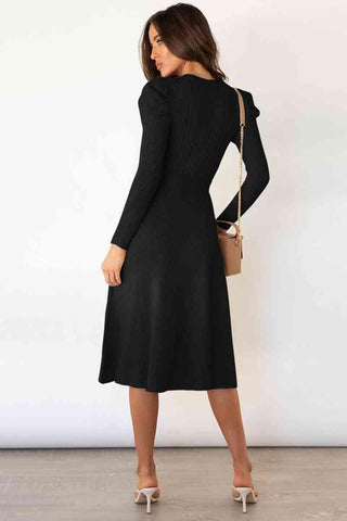 Amber Round Neck Long Sleeve Tie Waist Sweater Dress - SwagglyLife Home & Fashion