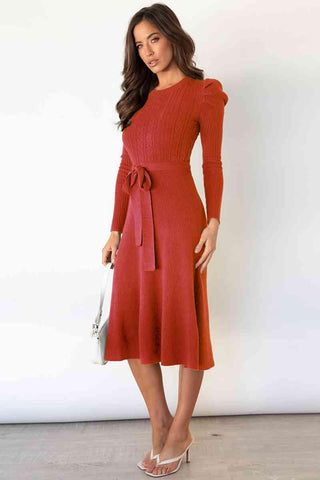 Amber Round Neck Long Sleeve Tie Waist Sweater Dress - SwagglyLife Home & Fashion