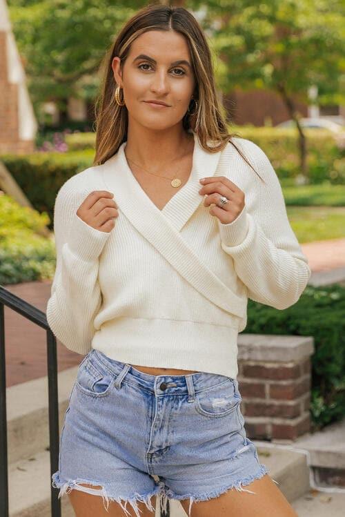 Amber Surplice Ribbed Long Sleeve Cropped Knit Top - SwagglyLife Home & Fashion