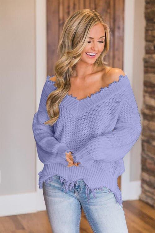 Amelia Frayed Hem Dropped Shoulder Sweater - SwagglyLife Home & Fashion