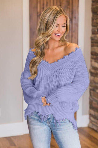 Amelia Frayed Hem Dropped Shoulder Sweater - SwagglyLife Home & Fashion