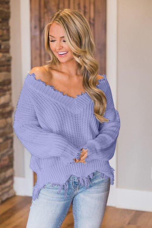 Amelia Frayed Hem Dropped Shoulder Sweater - SwagglyLife Home & Fashion