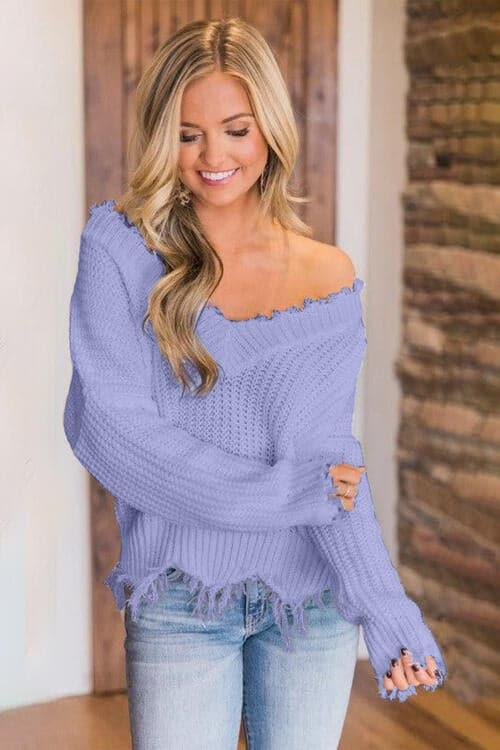 Amelia Frayed Hem Dropped Shoulder Sweater - SwagglyLife Home & Fashion