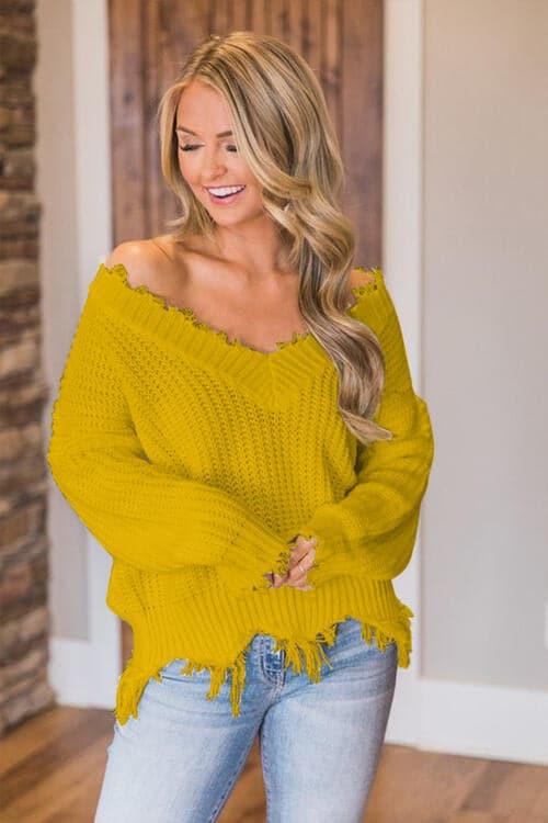 Amelia Frayed Hem Dropped Shoulder Sweater - SwagglyLife Home & Fashion