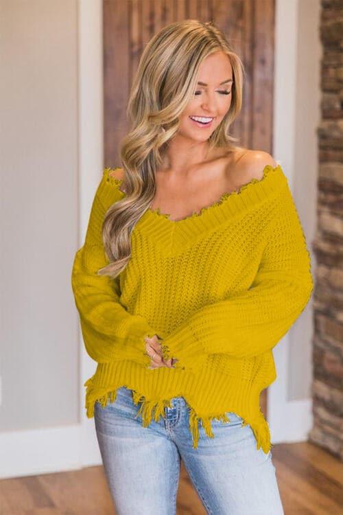 Amelia Frayed Hem Dropped Shoulder Sweater - SwagglyLife Home & Fashion
