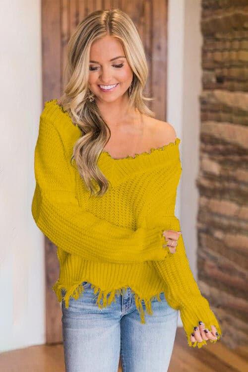 Amelia Frayed Hem Dropped Shoulder Sweater - SwagglyLife Home & Fashion