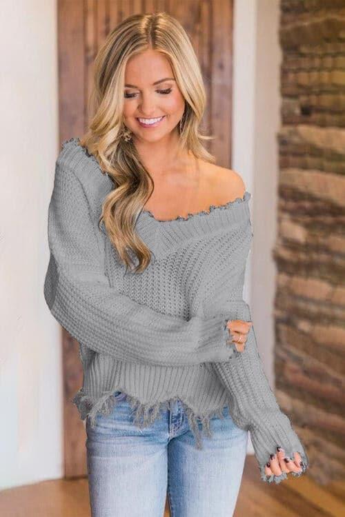 Amelia Frayed Hem Dropped Shoulder Sweater - SwagglyLife Home & Fashion