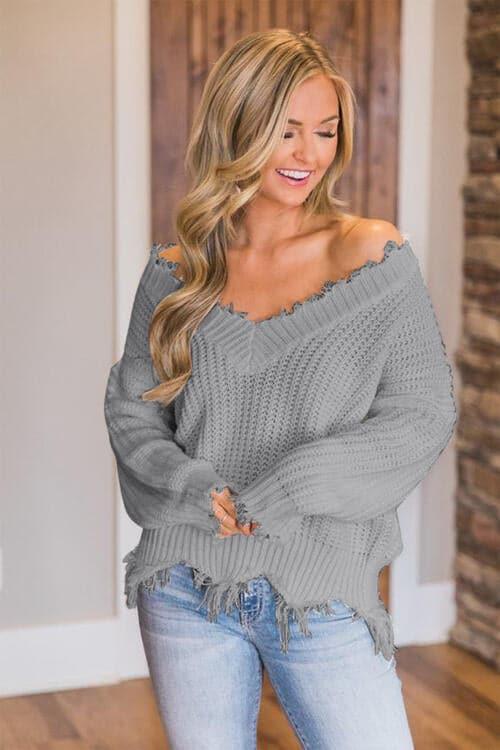 Amelia Frayed Hem Dropped Shoulder Sweater - SwagglyLife Home & Fashion