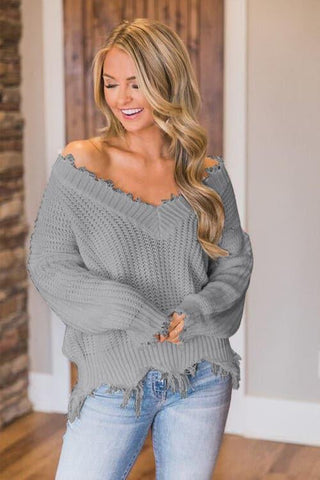 Amelia Frayed Hem Dropped Shoulder Sweater - SwagglyLife Home & Fashion