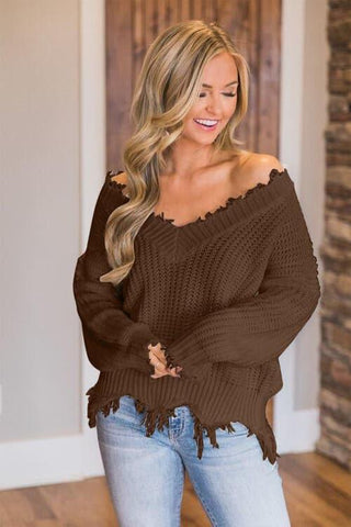 Amelia Frayed Hem Dropped Shoulder Sweater - SwagglyLife Home & Fashion