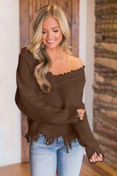 Amelia Frayed Hem Dropped Shoulder Sweater - SwagglyLife Home & Fashion
