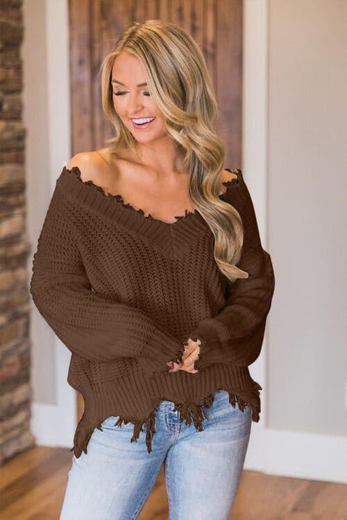 Amelia Frayed Hem Dropped Shoulder Sweater - SwagglyLife Home & Fashion