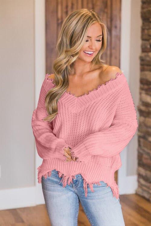 Amelia Frayed Hem Dropped Shoulder Sweater - SwagglyLife Home & Fashion