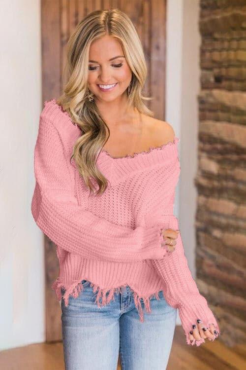 Amelia Frayed Hem Dropped Shoulder Sweater - SwagglyLife Home & Fashion