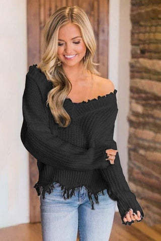 Amelia Frayed Hem Dropped Shoulder Sweater - SwagglyLife Home & Fashion