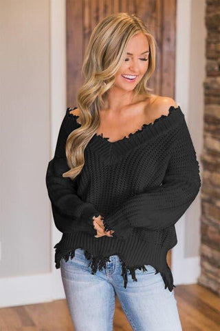 Amelia Frayed Hem Dropped Shoulder Sweater - SwagglyLife Home & Fashion