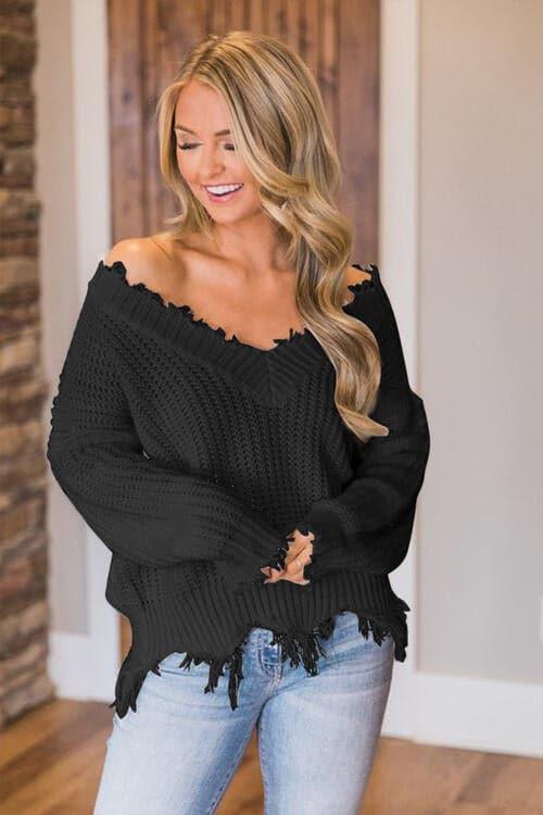 Amelia Frayed Hem Dropped Shoulder Sweater - SwagglyLife Home & Fashion