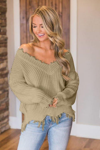 Amelia Frayed Hem Dropped Shoulder Sweater - SwagglyLife Home & Fashion