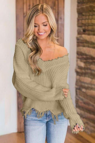 Amelia Frayed Hem Dropped Shoulder Sweater - SwagglyLife Home & Fashion