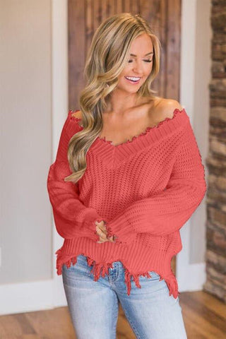 Amelia Frayed Hem Dropped Shoulder Sweater - SwagglyLife Home & Fashion