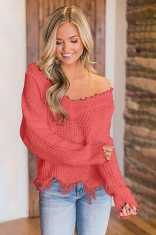 Amelia Frayed Hem Dropped Shoulder Sweater - SwagglyLife Home & Fashion