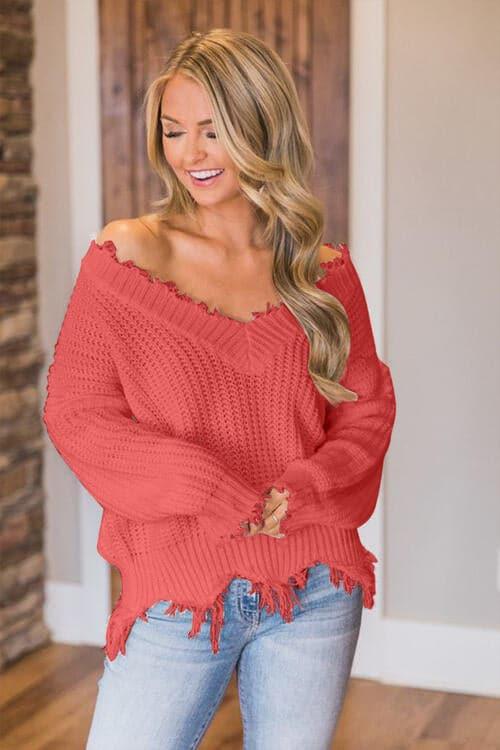 Amelia Frayed Hem Dropped Shoulder Sweater - SwagglyLife Home & Fashion