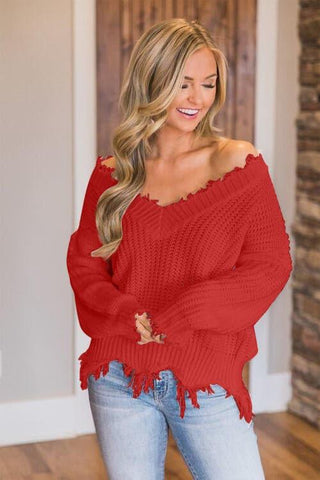 Amelia Frayed Hem Dropped Shoulder Sweater - SwagglyLife Home & Fashion