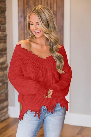 Amelia Frayed Hem Dropped Shoulder Sweater - SwagglyLife Home & Fashion