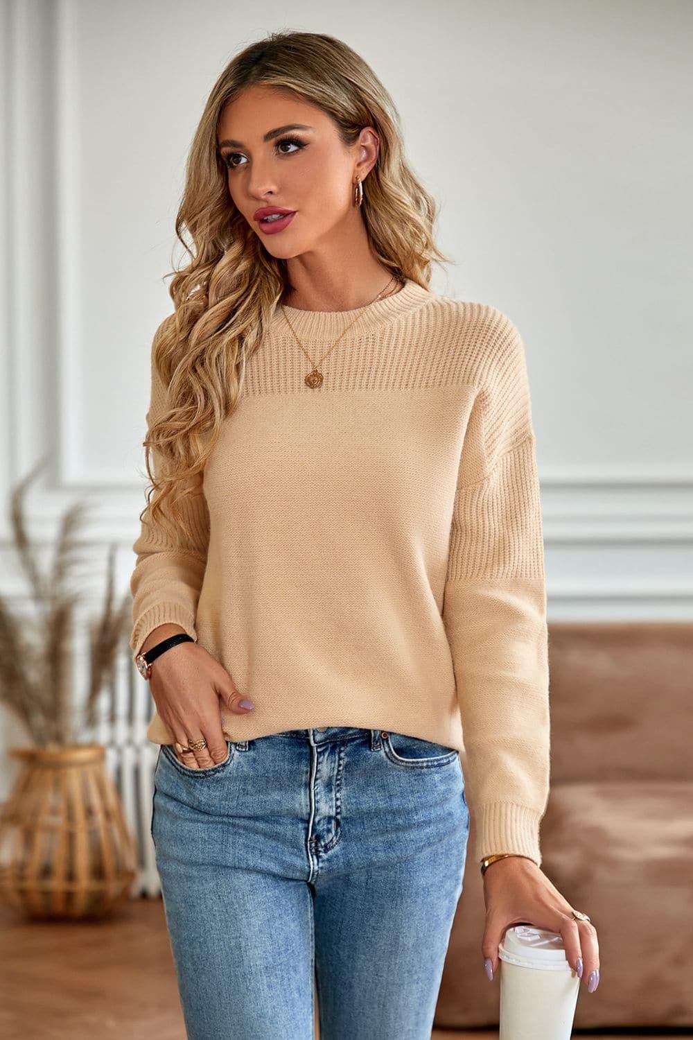 Amelia Round Neck Dropped Shoulder Sweater, 2 Colors - SwagglyLife Home & Fashion