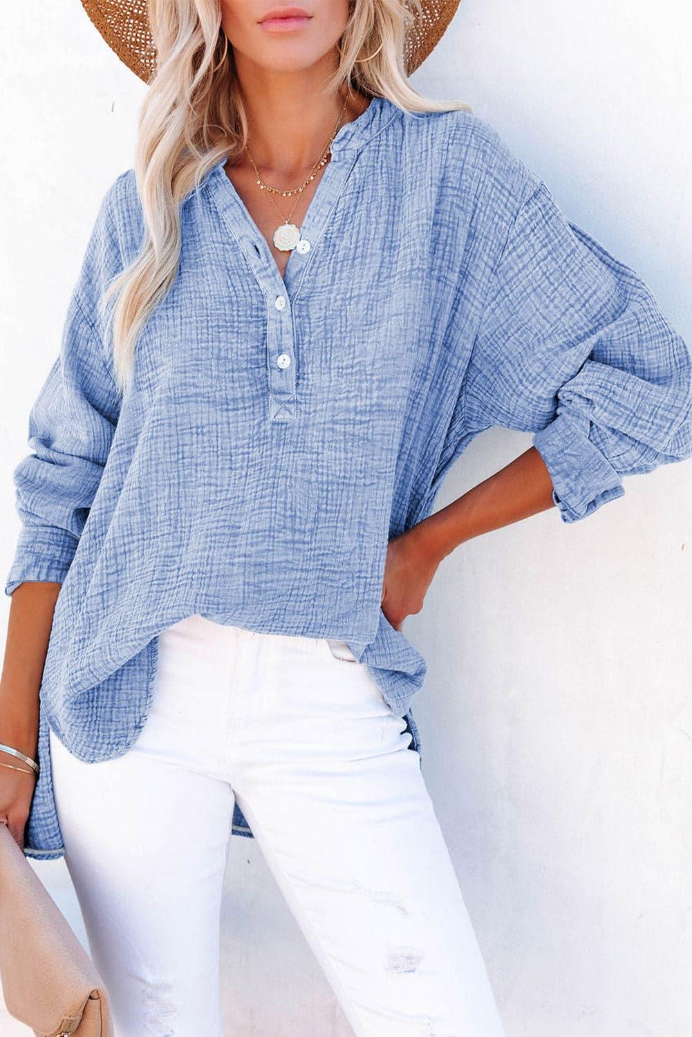Amy Buttoned Long Sleeve Blouse, Multiple Colors - SwagglyLife Home & Fashion