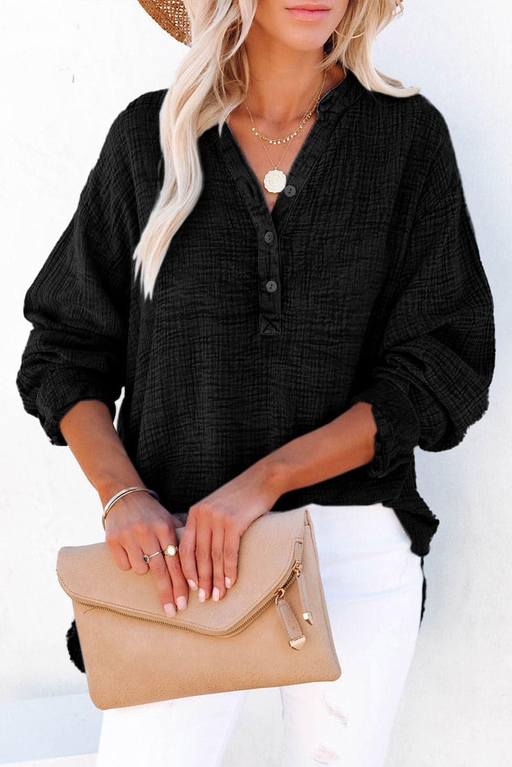 Amy Buttoned Long Sleeve Blouse, Multiple Colors - SwagglyLife Home & Fashion