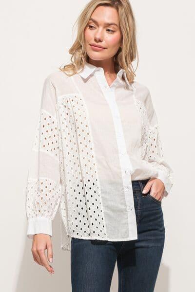 And The Why Eyelet Long Sleeve Button Down Shirt - SwagglyLife Home & Fashion