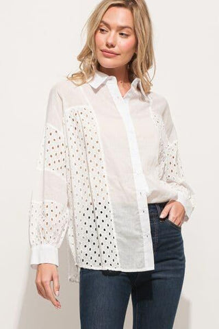 And The Why Eyelet Long Sleeve Button Down Shirt - SwagglyLife Home & Fashion