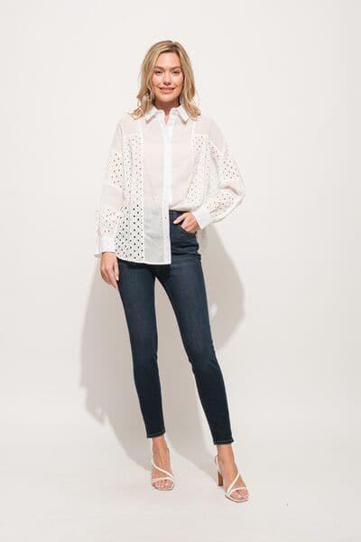 And The Why Eyelet Long Sleeve Button Down Shirt - SwagglyLife Home & Fashion