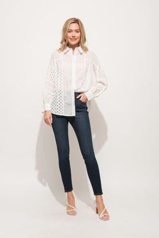 And The Why Eyelet Long Sleeve Button Down Shirt - SwagglyLife Home & Fashion