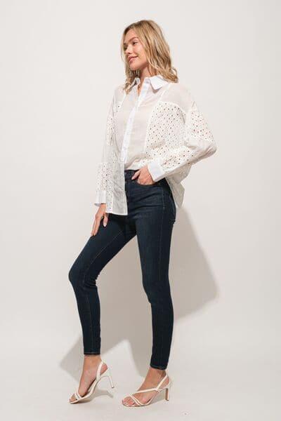 And The Why Eyelet Long Sleeve Button Down Shirt - SwagglyLife Home & Fashion