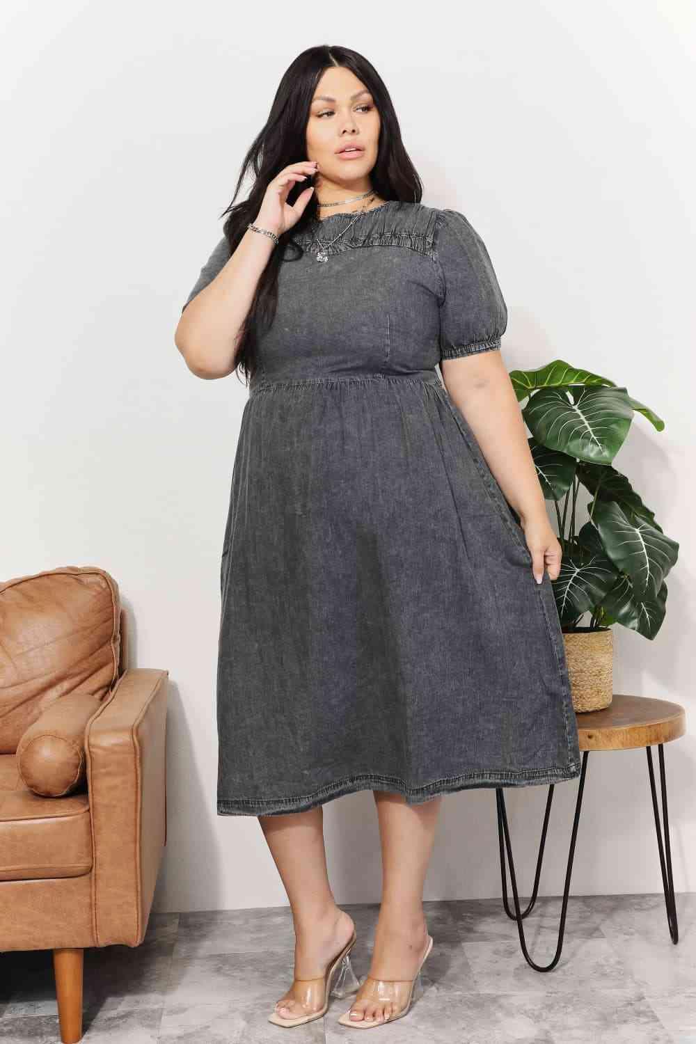 And The Why Full Size Washed Chambray Midi Dress - SwagglyLife Home & Fashion