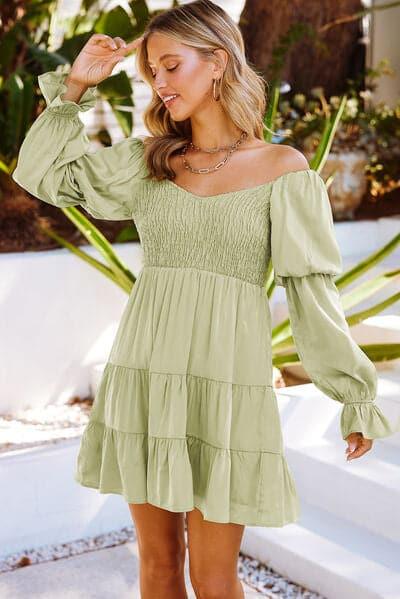 Andrea Smocked Off-Shoulder Tiered Mini Dress - SwagglyLife Home & Fashion