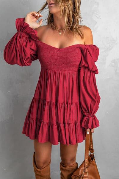 Andrea Smocked Off-Shoulder Tiered Mini Dress - SwagglyLife Home & Fashion