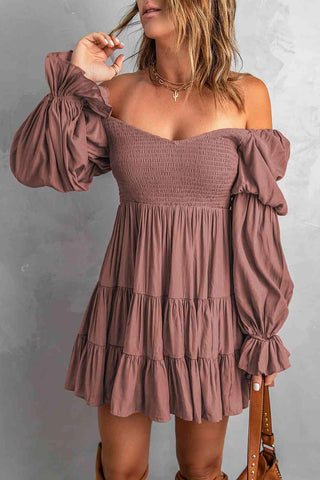 Andrea Smocked Off-Shoulder Tiered Mini Dress - SwagglyLife Home & Fashion