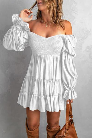 Andrea Smocked Off-Shoulder Tiered Mini Dress - SwagglyLife Home & Fashion