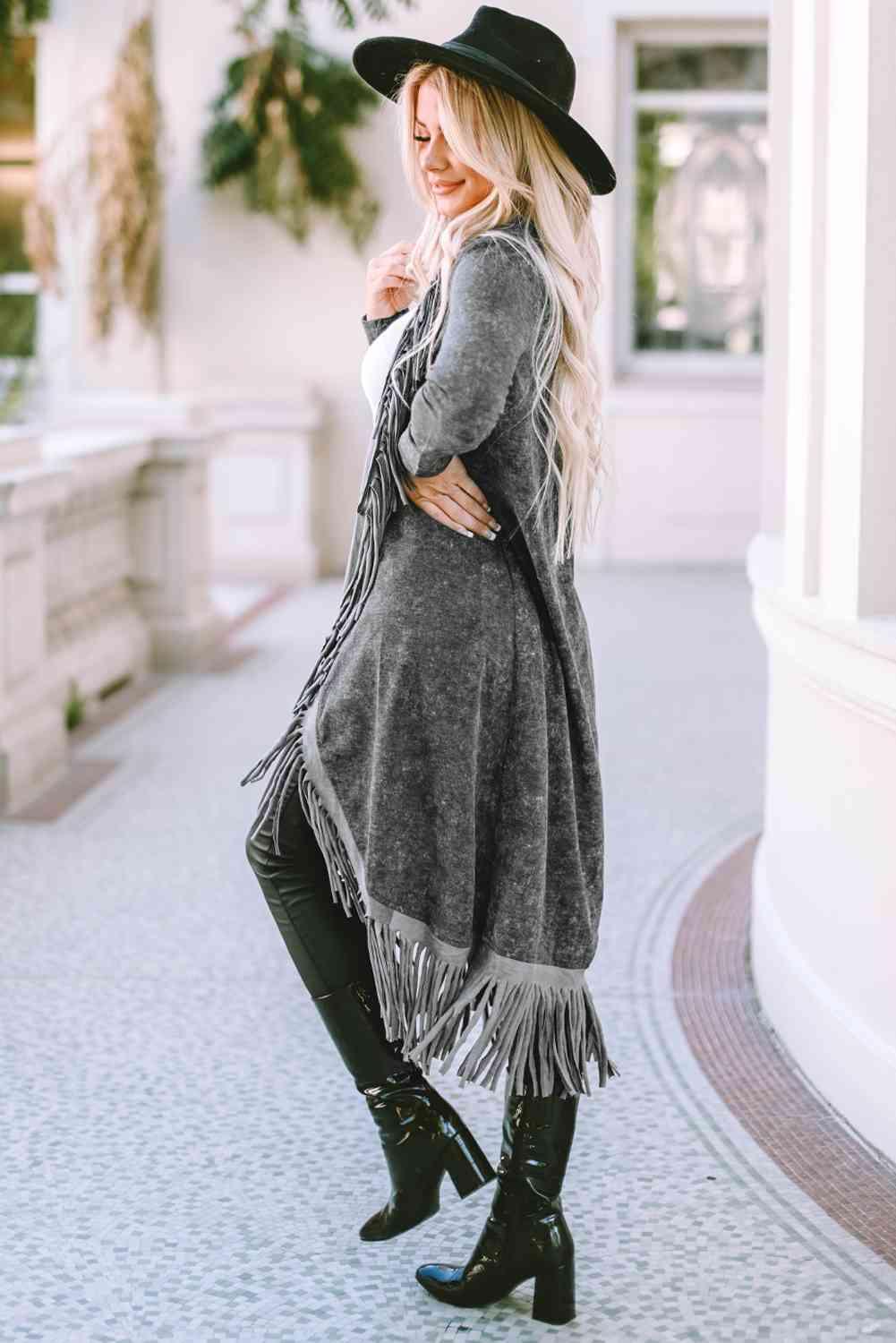 Angie Fringe Detail Long Sleeve Cardigan - SwagglyLife Home & Fashion