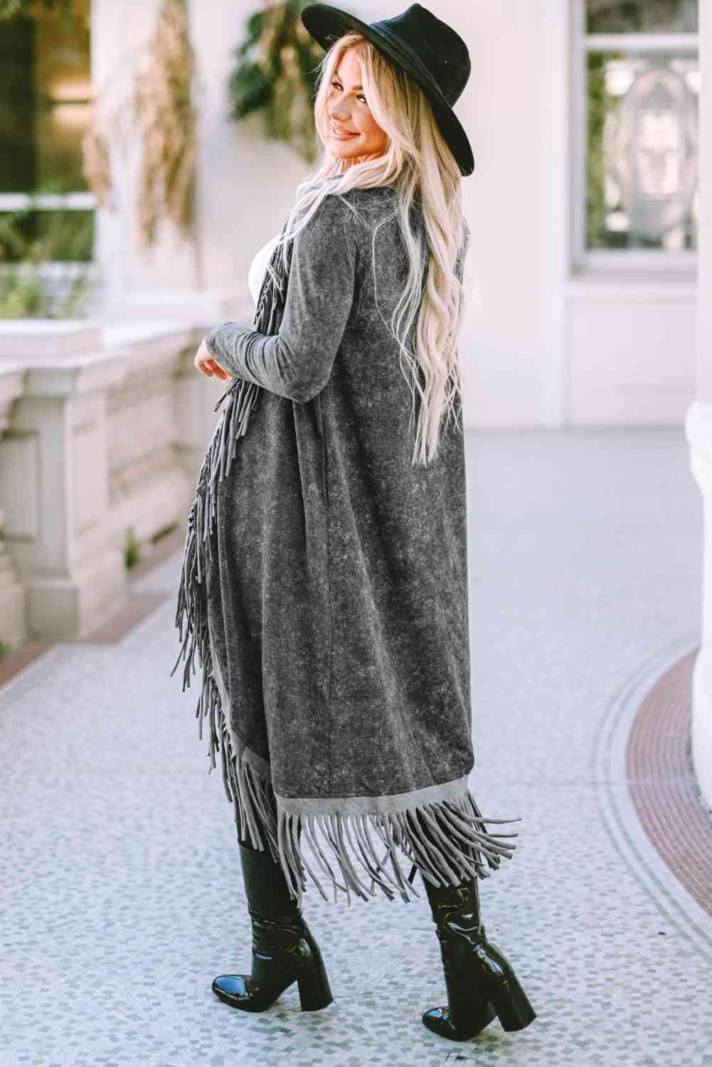 Angie Fringe Detail Long Sleeve Cardigan - SwagglyLife Home & Fashion
