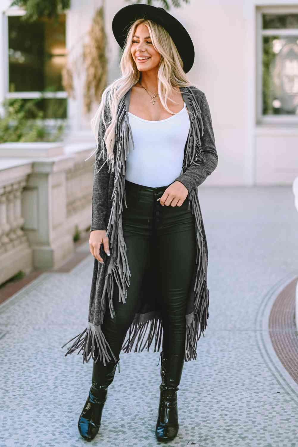 Angie Fringe Detail Long Sleeve Cardigan - SwagglyLife Home & Fashion