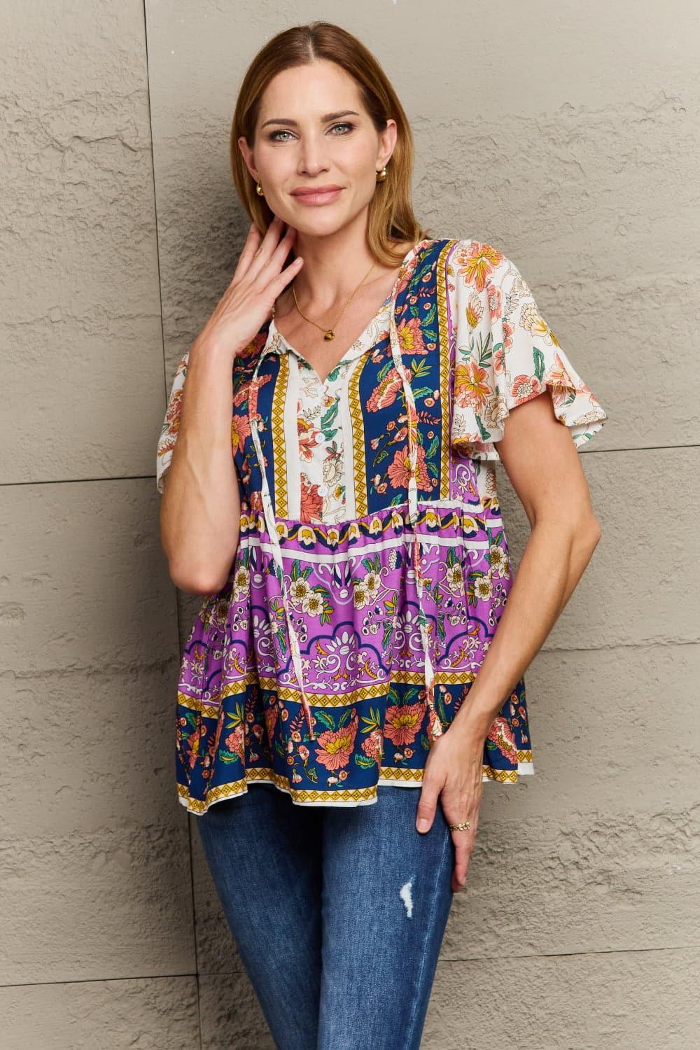 Bohemian Tie-Neck Flutter Sleeve Blouse - SwagglyLife Home & Fashion
